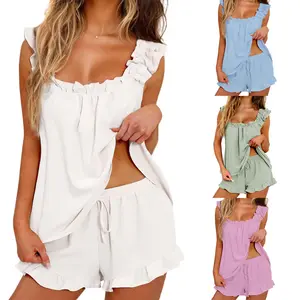 Women's Trendy Summer Lounge Set Ruffle Shoulder Strap Tank Tops Drawstring Shorts Sleepwear Sets