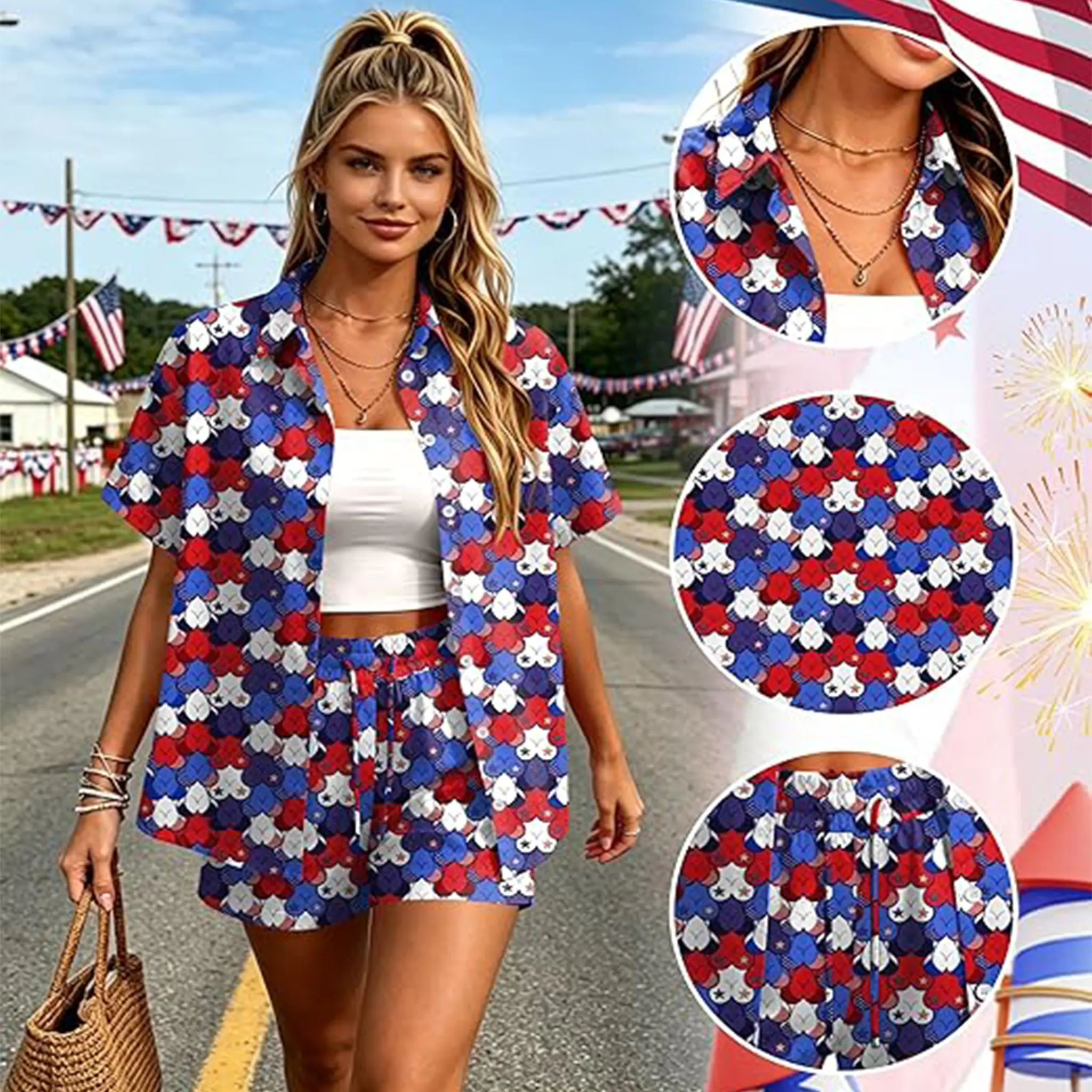 Women's 4th of July Hawaiian Shirt and Shorts Set American Flag Stars and Stripes Patriotic Outfit Independence Day Casual Button Down Short Sleeve Beach Vacation 2 Piece Matching Set Summer Resort Wear 2XS~6XL