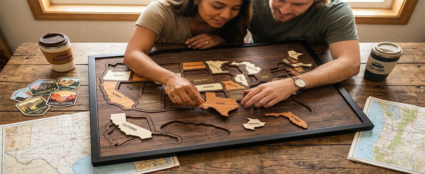 Map puzzle, wooden U.S. travel map puzzle, anniversary gift, children's geography puzzle, or perfect holiday gift for couples and families, record your journey, memory making, home decor, unique traveler gift, best Mother's Day gift