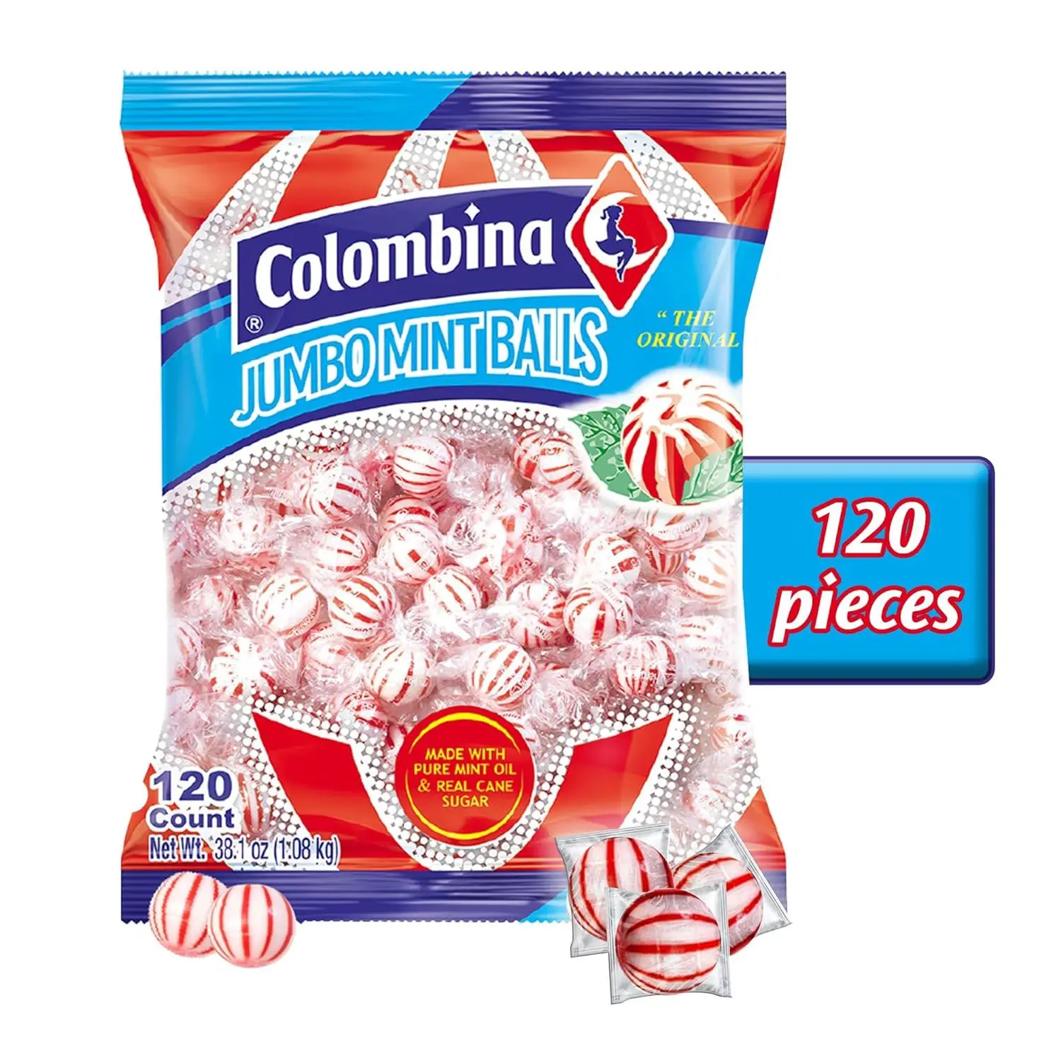 Colombina Jumbo Mint Balls, Red & White Peppermint Hard Candy Balls, Individually Wrapped (Peppermint 120 Count - 1 Pack) Bonbon Snack Sweet