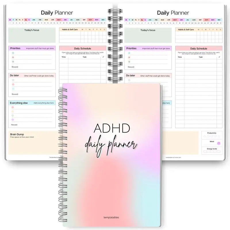 Neurodiverse Adult Adhd Daily Planner, Productivity Tool, To-Do List, Focus, Brain Dump, Cleaning, A5 Spiral Binding, Adhd Friendly Planner, Planner Notebook