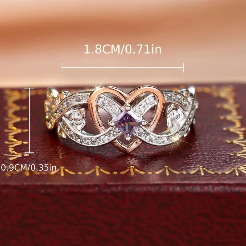Elegant 925 Sterling Silver Band Ring with Purple Synthetic Zirconia, Infinity Heart Design for Engagement or Wedding, Silver-Tone Fashion Jewelry, Silver-Tone Band Rings
