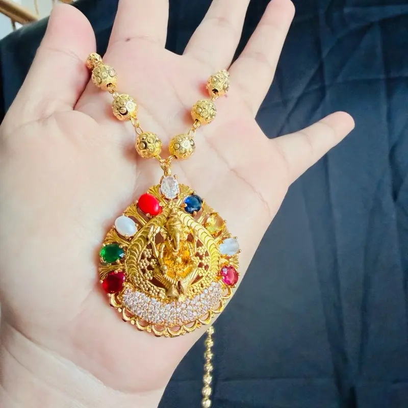 Women's Gold-Plated Ball Necklace with Intricate Ganesh Pendant, Gemstone Accents - Religious Necklace