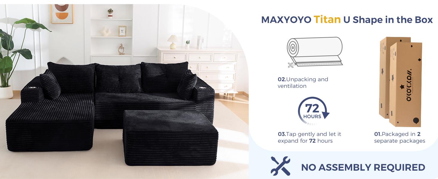 【2 Packages Shipping】MAXYOYO 104" U-Shaped Modular Sectional Couch, Modern Boneless Couch for Living Room, Sofa in A Box, Oversized Sofa Sleeper with Deep Seat, No Assembly Required