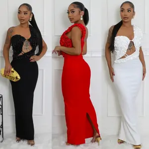 Lara One Shoulder Sleeveless Ruffles Cutout Stretch Maxi Dress