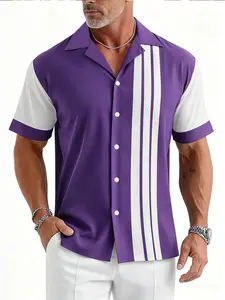Men's casual Summer Style Fitted short-sleeved shirt with purple and white vertical stripes and a Cuba collar