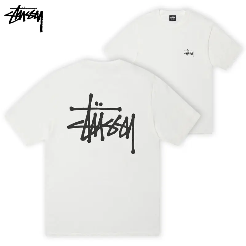 Stussy Basic Tee White 100% Cotton Graphic T-Shirt Classic Logo Short Sleeve Crew Neck Streetwear Top, Casual Skate Style Everyday Tee with Front & Back Print