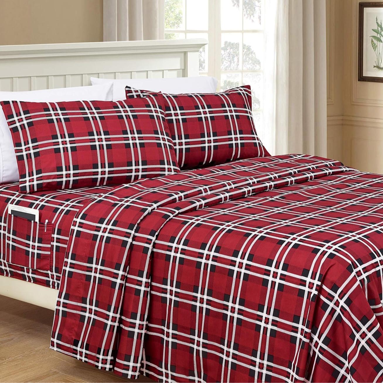 Elegant Comfort 6-Piece Plaid Pattern Bed Sheet Set - Ultra Soft Hotel Quality with Deep Pocket Fitted Sheet & Smart Storage Pockets for Year-Round Comfort