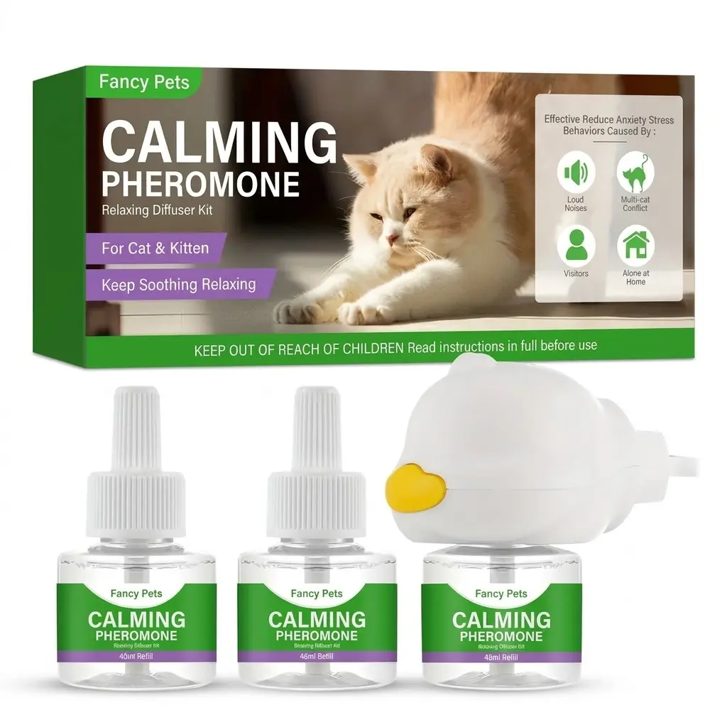 Calming Pheromone Diffuser Kit for Cats – Reduces Anxiety & Stress from Loud Noises, Multi‑Cat Conflict, Visitors & Being Alone – 45ml / 48ml Refill – Easy Plug‑In Use