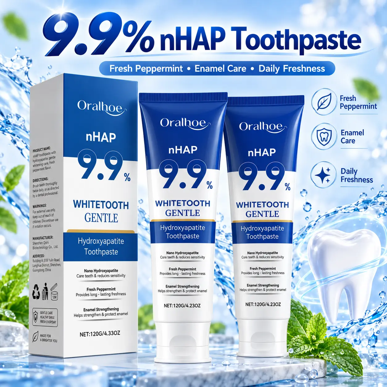 Nano Hydroxyapatite Toothpaste 9.9% nHAP, Fluoride-Free Gentle Peppermint Formula for Daily Cleaning and Fresh Breath, 120 g