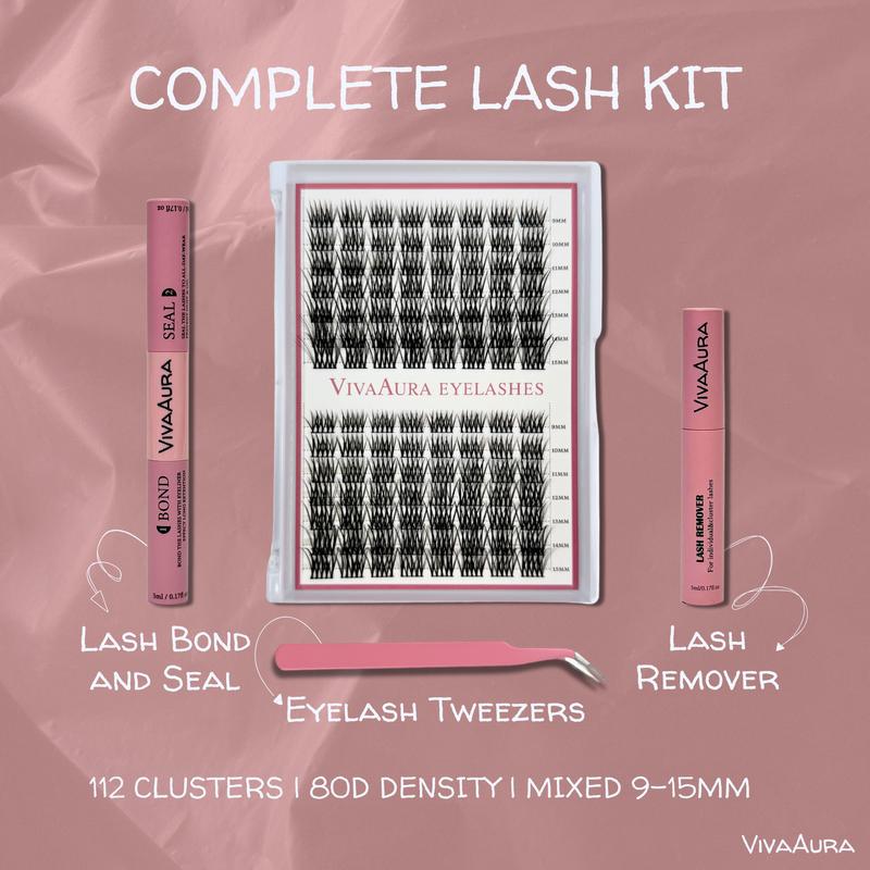 VVA Lash Clusters Kit with 112 pcs of Cluster Eyelash Extensions - 9–15 mm - 80D & D-Curl, Lash Extension Kit with Bond, Seal, Tweezers & Brush - Individual Eyelashes for Natural Look DIY at Home, Pink