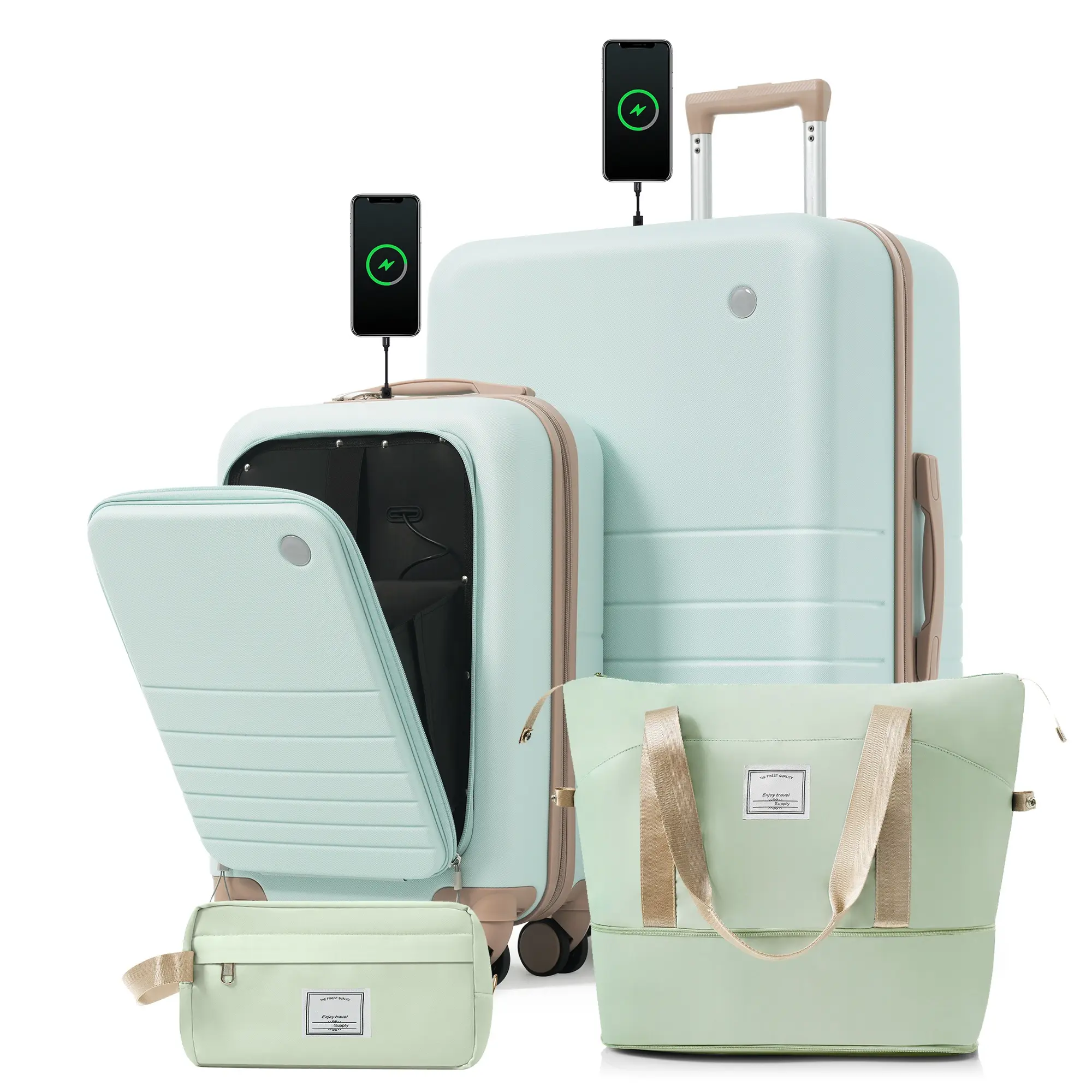 4-Piece Luggage Set with USB Charging Ports - 20in Carry-On (Front-Opening for Laptop) 28in Checked Suitcase with TSA Lock Travel Duffel Bag Wet-Dry Toiletry Bag, grey green, Travel Gear, International Travel
