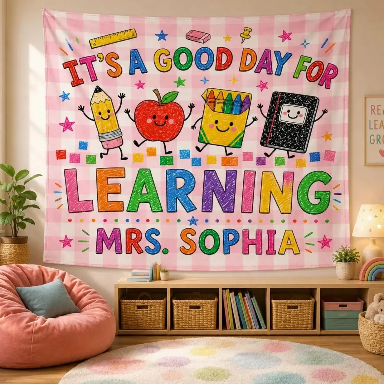 Personalized Classroom Tapestry, Good Day for Learning Teacher Wall Decor, Back to School Banner Gift