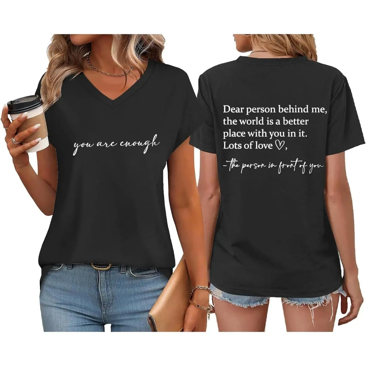 “You Are Enough” T-Shirt — For the Person Behind Me, V-Neck T-Shirt, Women’s Mental Health Tee, Inspirational Casual Graphic Top
