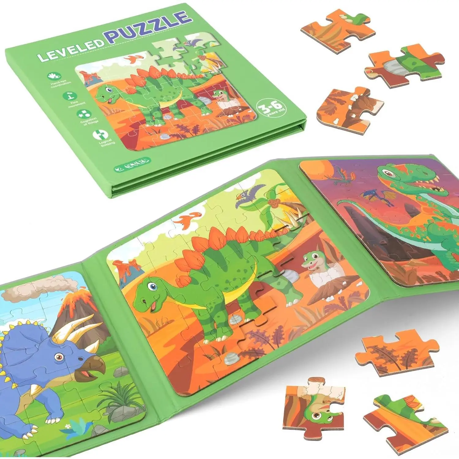 L-ITC001 20-Piece Magnetic Dinosaur Jigsaw Puzzle Book for 3-4 Year Olds - Preschool Travel Toys for Easter, Long Road Trips, Birthdays, Boys and Girls