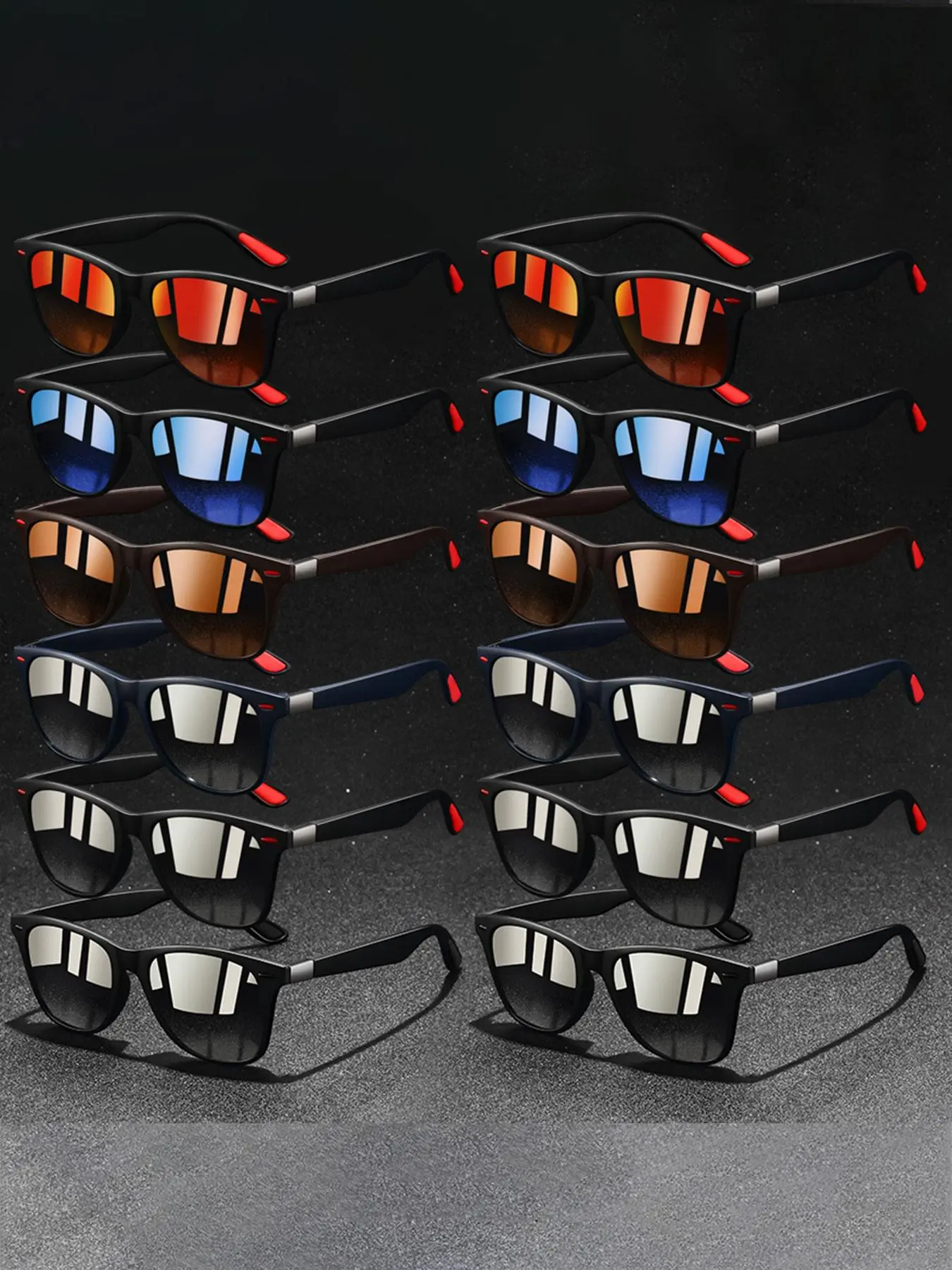 12pcs latest model spliced sports sunglasses,unisex,equip UV400 lenses for UV protection,available in multiple colors,classic spliced frame collocation anti slip rubber nose pad design,stylish and practical,making it an ideal choice for outdoor activities