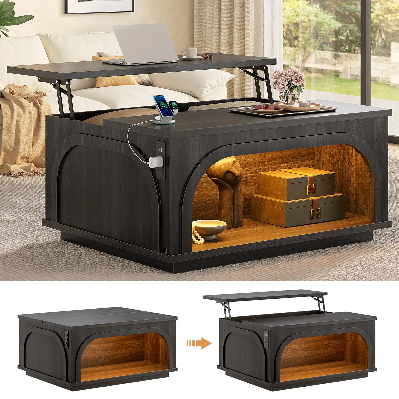 SIKAIC Lift Top Coffee Table with Charging Station and LED Light, Matte Black Multi Functional Center Tea Table with Power Outlets and USB Ports