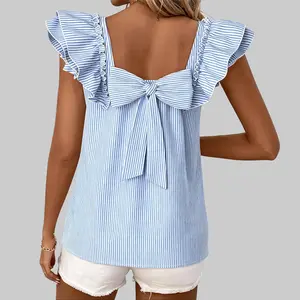 Dear-Lover Women's Ruffled Shortsleeve Cap Blouse Top - Classic Round Neck, Medium Length, Polyester Textured Fabric, Bow-Back, Lightweight, Casual, Striped & Solid, Elegant Women's Tops, Piece, lc25612770-p1710