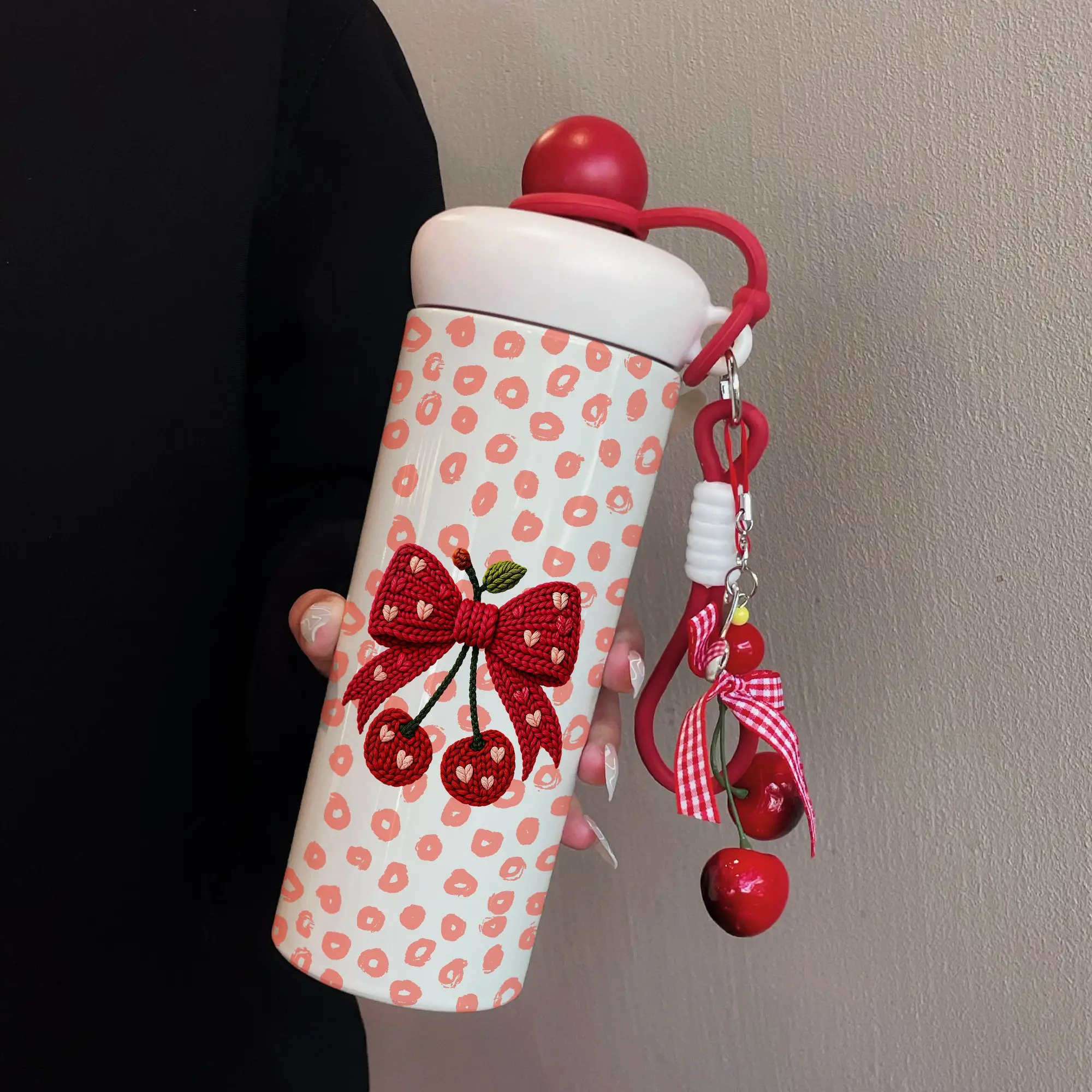 600ML Cherry Pendant Durable Insulated Cup Tumbler, Leopard Print Bow Coffee Mug, Stainless Steel 316, Suitable for Outdoor Sports, Travel, Home Use Vacuum Insulated Flask Water Bottles Drinkware