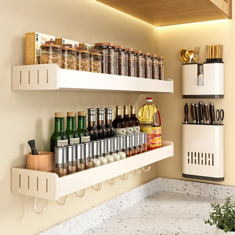 Kole White Kitchen Storage Rack, No-Drill Wall-Mounted Seasoning Organizer, Home Multifunctional Spice & Condiment Holder