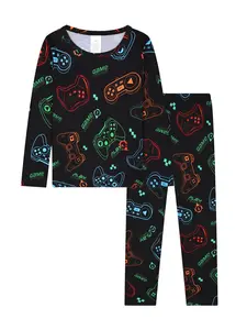 Boys' Simple Game Console Pajama Set, Fitted Long Sleeve Top with Pants, Comfortable Print Sleepwear for Gamers in All Seasons