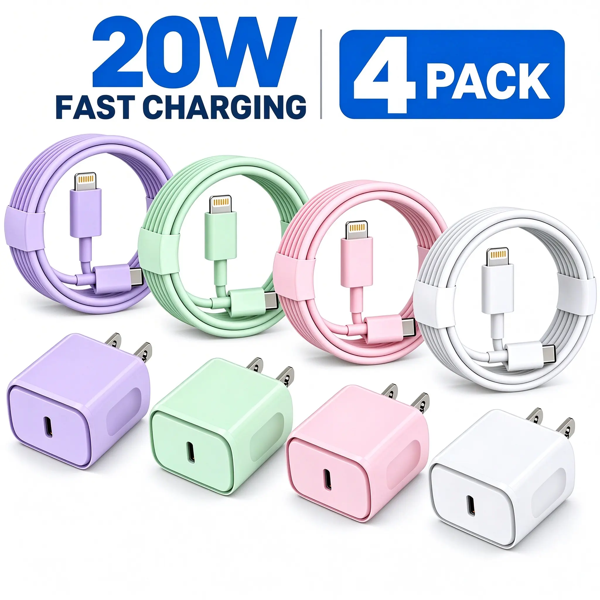 4 Pack 20W Fast Charger Set for iPhone 14 13 12 11 Pro Max, USB C Type C Wall Charger Blocks with 4-Pack 6FT USB C to Lightning Charging Cables, PD Quick Charging Adapter, Cell Phone Charger for iPhone XR XS X SE, Smartphone