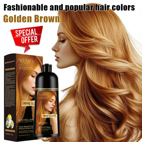 3-in-1 Golden-Brown Liquid Turmeric Hair Dye Shampoo with Herbal Olive Argan Oil - Ammonia-Free Conditioning Haircare for Aging, Damaged Gray/Dark Brown Hair, Frizz Control, Leave 15 Min Instant Brunette Color, Safe Easy Use for Adults