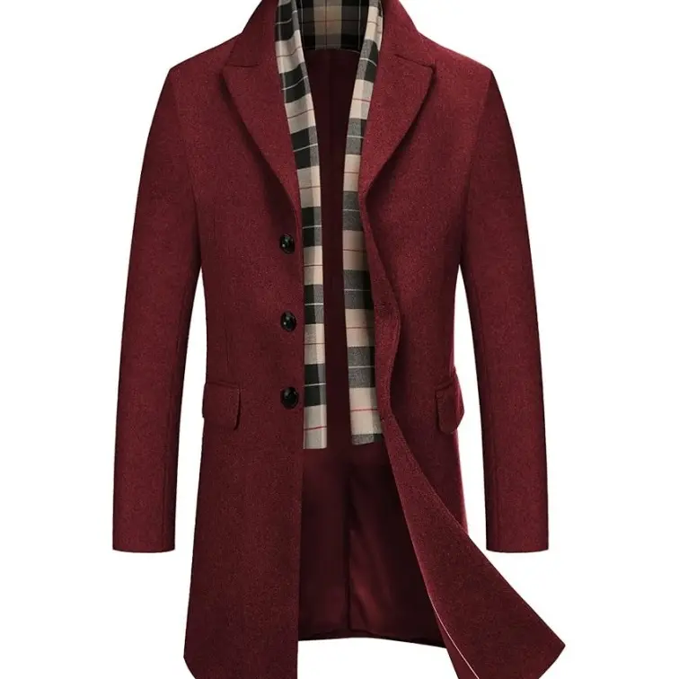 COOFANDY Men's Wool Blend Coat with Detachable Plaid Scarfs Notched Collar Single Breasted Pea Coat Elegant Trench Overcoat with removable scarf&4 pockets Classic Menswear  gift christmas
