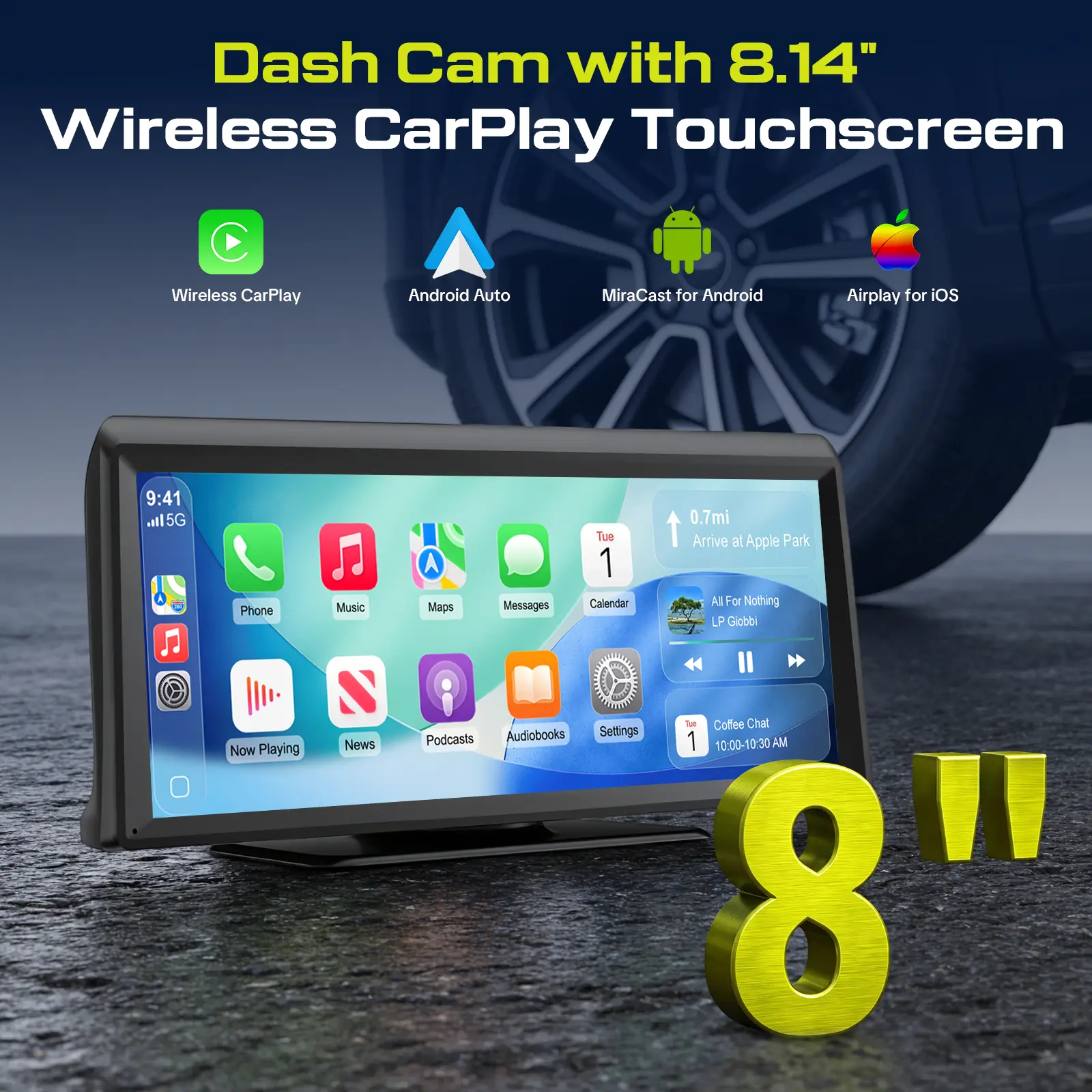 【HiEHA | TikTokShopBackToSchool】2026 8.14" Wireless CarPlay Touch Screen Dash Cam, 2K Front & 1080P Backup Camera, Android Auto/Bluetooth/GPS/Mirror Link, Universal Car Stereo Receiver Dashcam HD