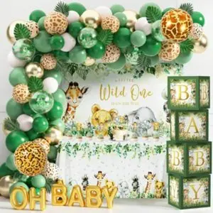 Safari jungle baby shower decorations for boy girl wild one first birthday party supplies safari balloons garland arch kit baby boxes with letters wild one backdrop animal tablecloth green