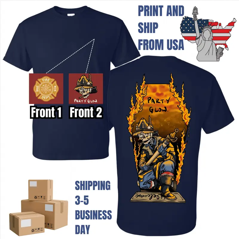 Grim Firefighter Skull Extinguishing Flames Graphic T-Shirt, Dual