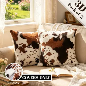 2Pcs Cow Print Soft Plush Faux Fur Throw Pillow Covers 18x18 Inch Ins Modern American Farmhouse Vintage Cushion Covers for Living Room Sofa Bedroom Car Holiday Home Decor No Pillow Core