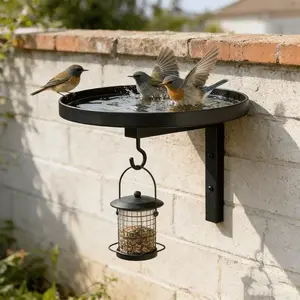 2 in 1 Wall Mounted Heavy-Duty Metal Bird Bath with Feeder Hook, Rust-Resistant Outdoor Bird Bath Bowl, Easy Install Wild Bird Feeder & Bath for Garden, Yard, Fence, Deck & Patio, Ideal for Backyard Bird Watchin