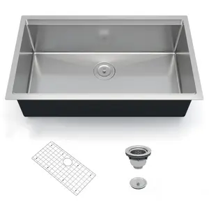 Undermount Kitchen Sink - 30x19 In Single Bowl, 16 Gauge 304 Stainless Steel with Brushed Finish, 10 In Deep Basin, Durable Modern Design, Noise Reduction Sound-Dampening Pads, Includes Bottom Grid & Drain Assembly