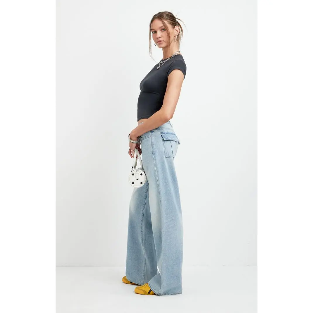 Pacsun Women's Casey Low Rise Baggy Jeans Snap-Button Back Pocket Light Blue
