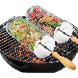 (R) Rolling Grill Baskets,Removable Wooden Handle,304 Stainless Steel,Grill Accessories for Veggies Shrimp Meat,Kitchen Gadgets Fits Outdoor Cooking&Picnics,Camping Essentials,Ideal Gifts for Father's Day,Festival,Birthday,Anniversary --2 Pack