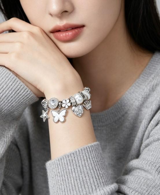 White Fairy Charms Twisted Wire Bangle Bracelet, Butterfly Crown Star Pearl Dangle Beads Jewelry Gift for Women Girls White Fairy Charms Twisted Wire Bangle Bracelet, Butterfly Crown Star Pearl Dangle Beads Jewelry Gift for Women Girls