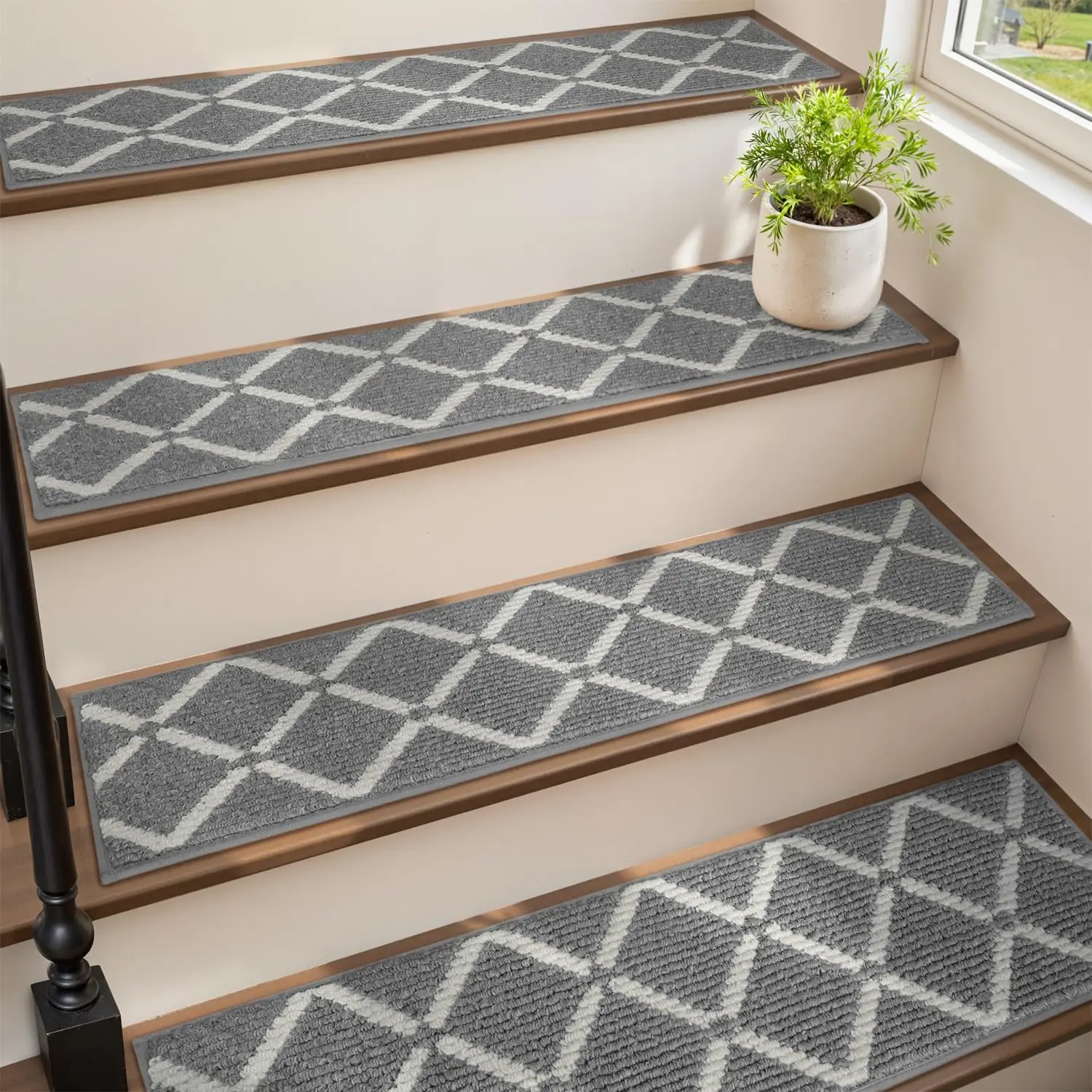 15 Piece Anti-Slip Stair Treads Set, Peel and Stick Indoor Wooden Steps, Washable Reusable Sticky Stair Carpet Mats for Kids Dogs Seniors, Machine Washable Rugs, Non Slip Mat, Non Skid Mats