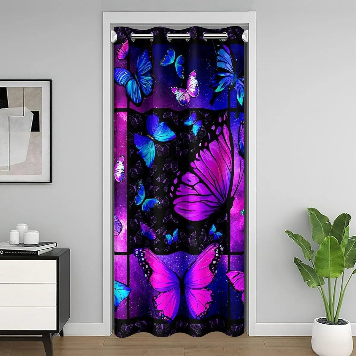 Butterfly Blackout Curtain Starry Sky Door Curtain Blue Purple Butterfly Doorway Curtain Women Bed,Aesthetics Butterflies Doorway Curtain Tapestry 1 Panel