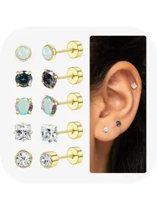 Titanium Steel Earrings for Women Men Hypoallergenic Stud Earrings for Sensitive Ears Flat Back Earrings Studs 20G Surgical Steel Cartilage Earring Opal CZ Small Flatback Stud Earrings for Women