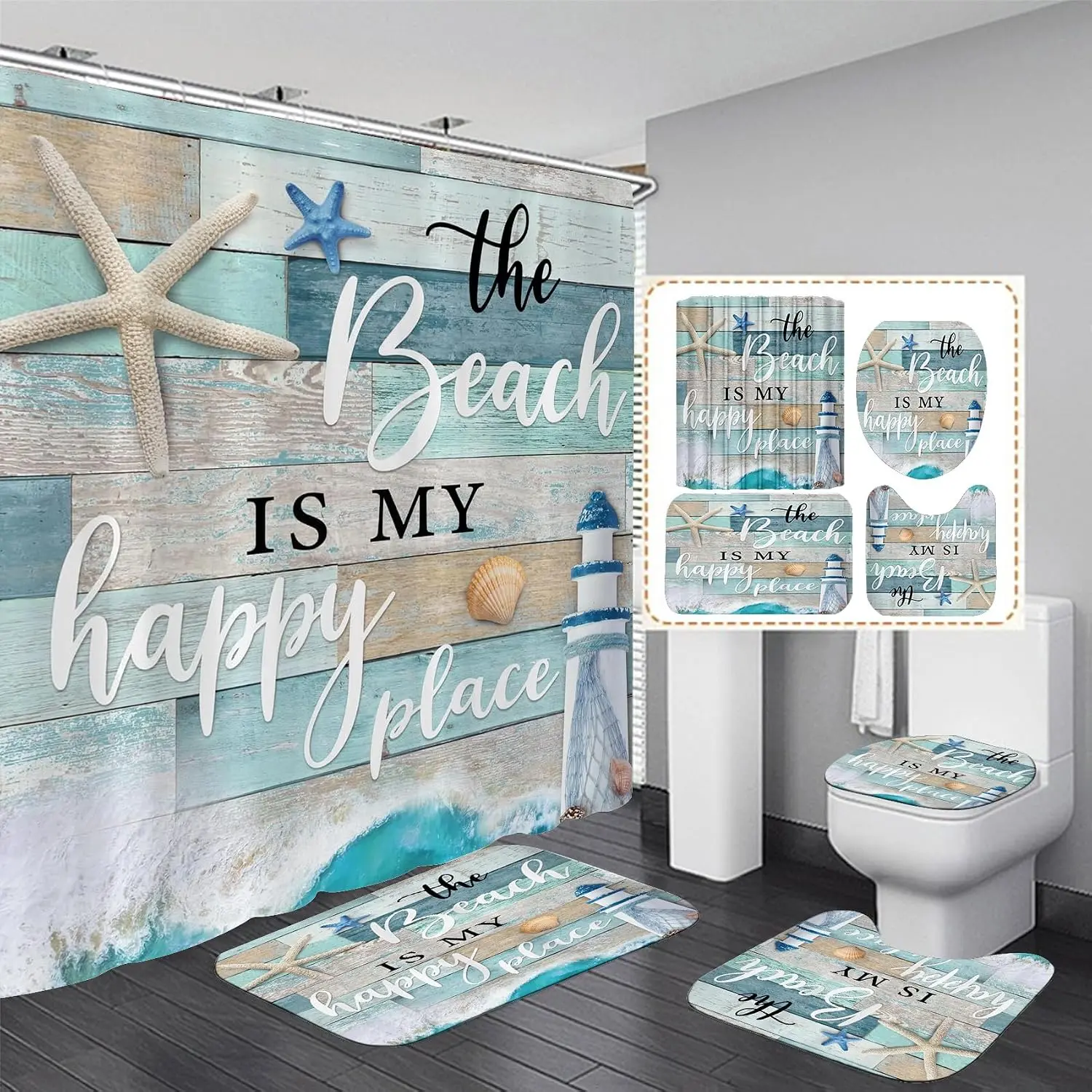 1/4Pcs Nautical Ocean Shower Curtain Sets Sea Wooden Bathroom Set Decor with Non-Slip Rugs Bath U-Shaped Mat Toilet Lid Cover Starfish Lighthouse Bathroom Curtain Shower Set with 12/24 Hooks