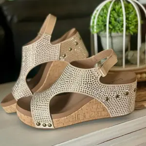 Corky Carly Gold Rinestone Wedge Heels for Women - Elegant Design with Gold Rinestone Accents and Open Heel - Shoe