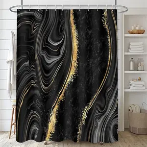 4 Pcs Black Marble Shower Curtain Sets with Rugs Gold Bathroom Sets with Shower Curtain and Rugs Modern Abstract Bathroom Decor Accessories Shower Curtains for Bathroom Toilet Lid Cover