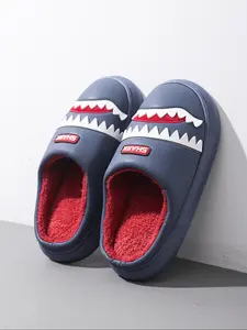Men's Fun Cotton Slippers, Blue Shark Winter Indoor Home Slippers, Thick Sole Warm Couple Slippers, over the Knee Eva Sole Footwear