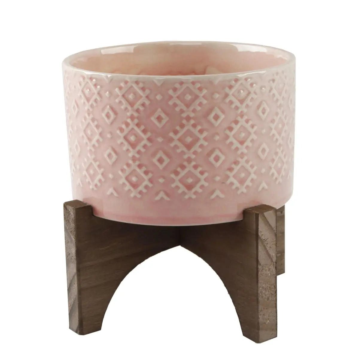 Flora Bunda CT902E-PK Hand-Crafted Artisan Indian Pattern Ceramic Flower Pot with Wood Stand, Plant Decor, Large Flower Pots, 5' Tall, Size 6.25"x6.25"x6.25" Square Base, 1.7 lb, Indoor Oasis Garden Planter