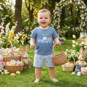 2Pcs Toddler Boy Easter Outfits Short Sleeve Crew Neck Truck Bunny Carrot Embroidery Shirt and Elastic Waist Shorts Set