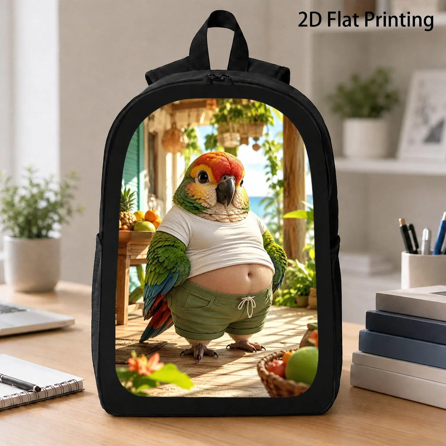 [17 Inch Backpack] Adorable Chubby Colorful Parrot Lifting White Tee Showing Big Belly Tropical Seaside Porch Print Backpack Trending Funny Bird Graphic Backpack Travel School Laptop Backpack