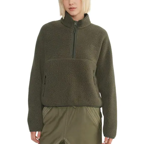 Hixiaohe Women's Sherpa Fleece Cropped Hoodie - Casual Long-Sleeve Half-Zip Tops with Zipper Pockets, Loose Minimalist Polyester Cargo Style, Fit for Biking, Yoga, Party Layering Athleisure Wear