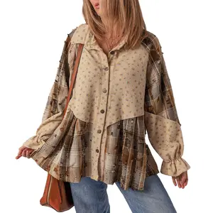 Asvivid Women's Boho Floral Plaid Patchwork Distressed Ruffled Sleeve Waffle Knit Shacket Casual Jacket Coats Spring Fall Fashion