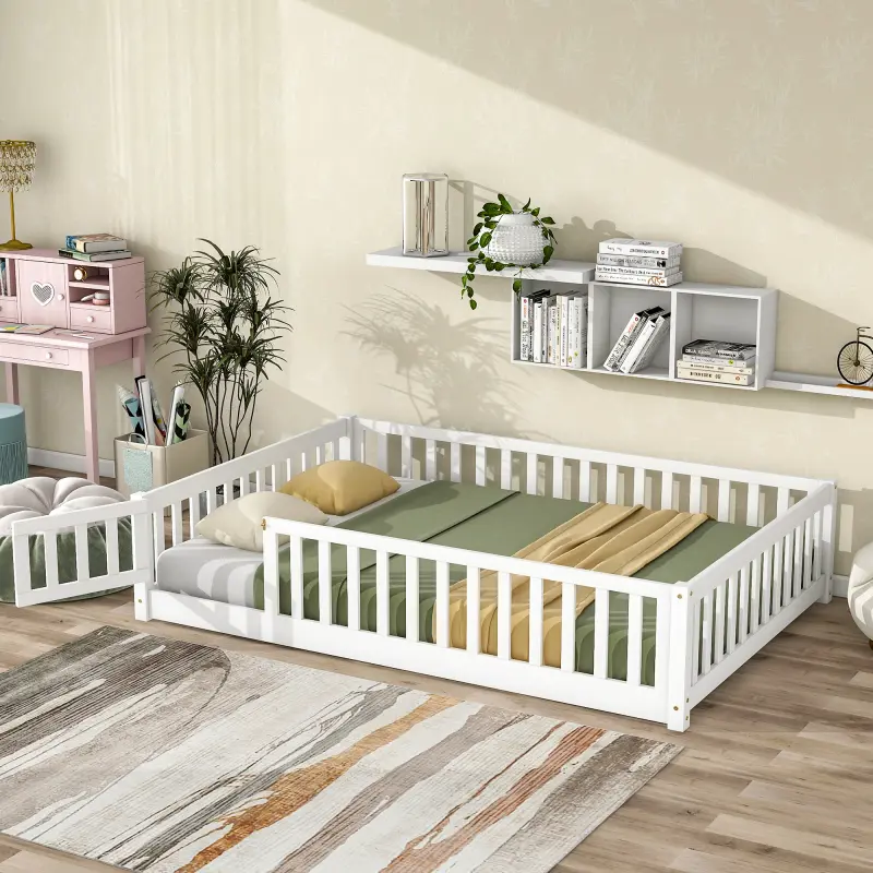 Full Size Floor Bed with Fence and Door, Rubber Wood Floor Bed with Safety Guardrails and Slats